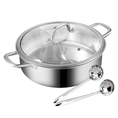 304 Food Grade Stainless Steel Shabu Shabu Hot Pot with Divider&Lid with 2 Soup Ladles for Dual Sided Soup Cookware