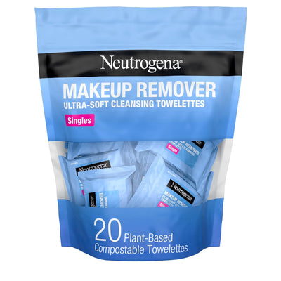 Makeup Remover Facial Cleansing Towelette Singles, Daily Face Wipes Remove Dirt, Oil, Makeup & Waterproof Mascara, Gentle, Individually Wrapped, 100% Plant-Based Fibers, 20 Ct